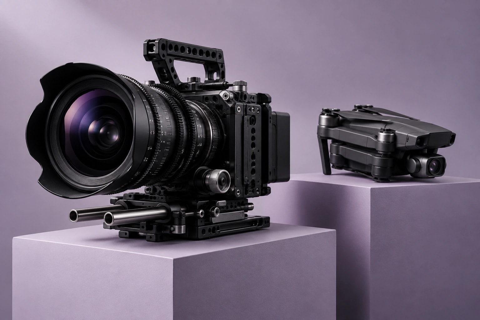 Conceptual studio image of a cinema camera and drone on lavender plinths