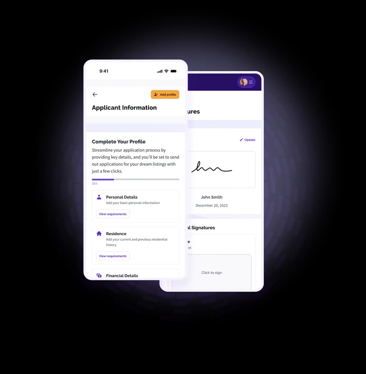 Rentatee tenant application screens on mobile