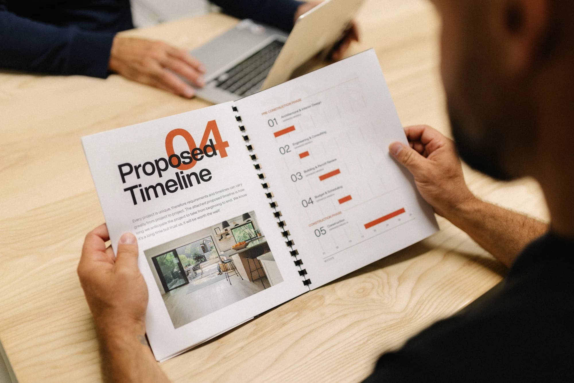 A project timeline being discussed at a table