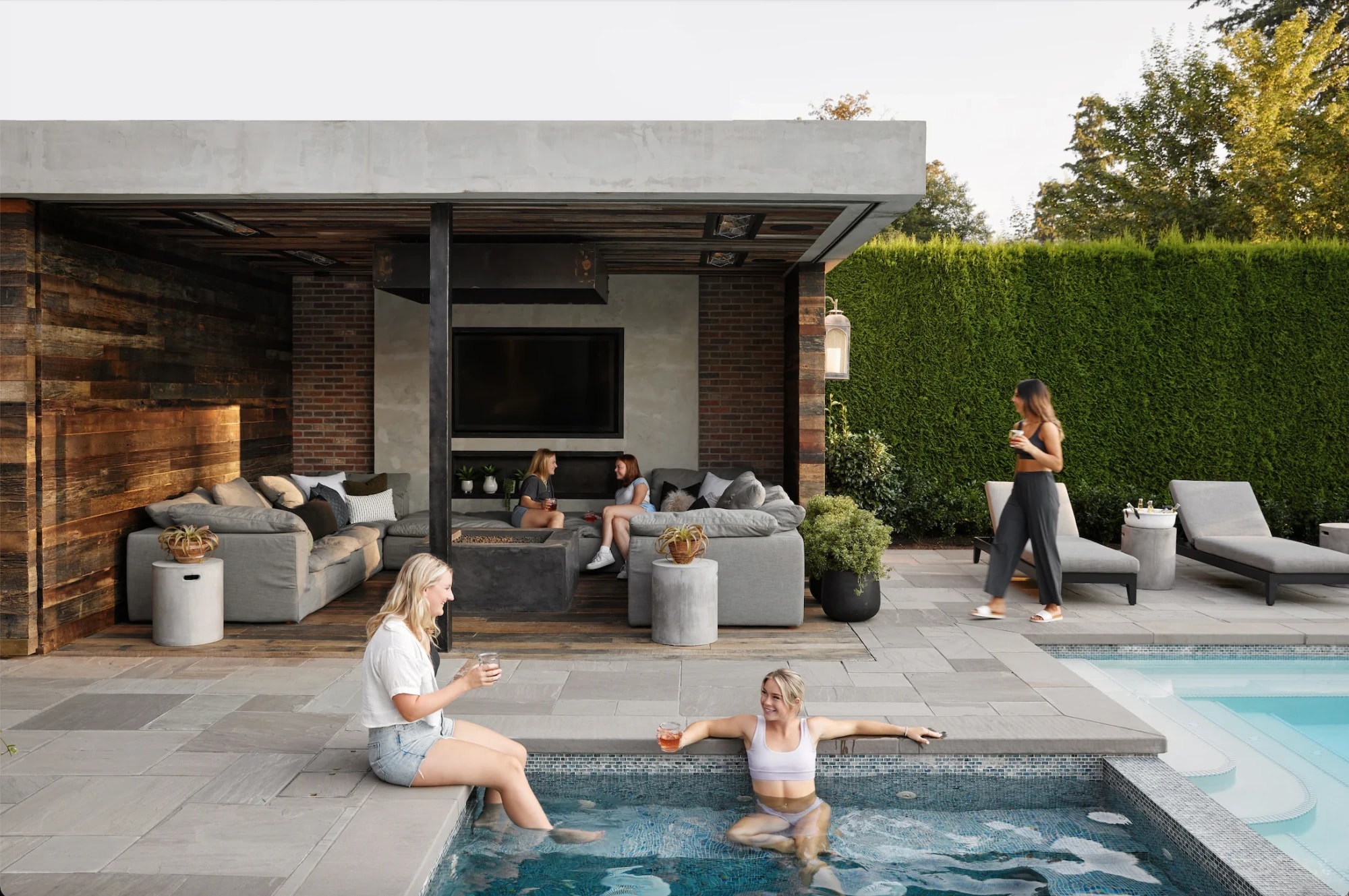 Square One outdoor living project with pool and covered lounge