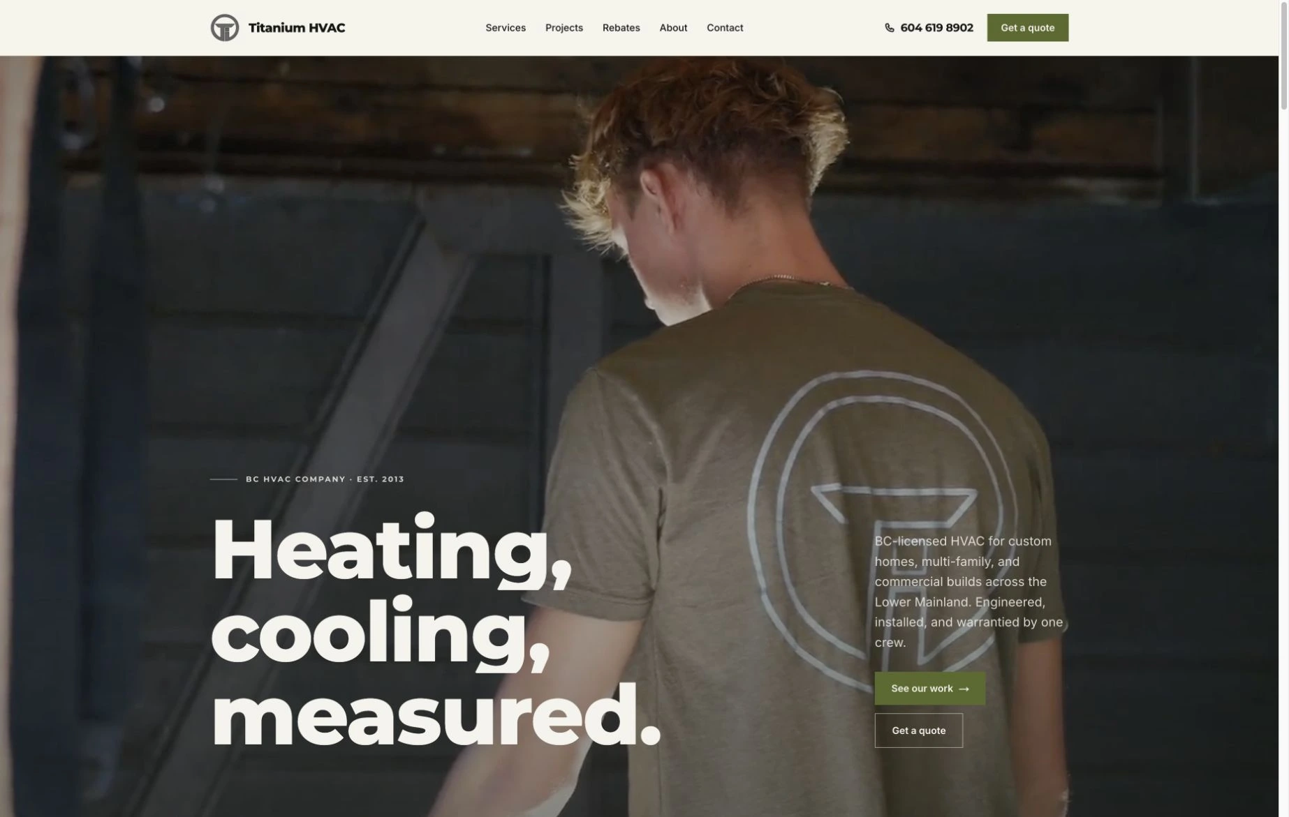 Titanium HVAC’s new website showing its installation team and Heating, cooling, measured headline